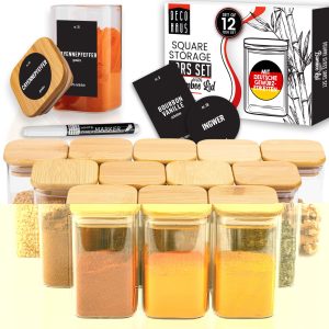 Deco haus Gewürzgläser Eckig mit Gewürzetiketten 12er Set - Gewürzdosen Set mit Holzdeckel Vorratsgläser Set für Deine Gewürze Aufbewahrung Gewürzbehälter behälter für gewürze - Gewürzgläser