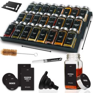 Deco haus® Schwarz Gewürzregal Schublade [MIT GEWÜRGLÄSER & ETIKETTEN] - Gewürz Organizer Schublade, Spices Organizer, Spice Organizer, Gewürzeinsatz Schublade, Gewürzschublade Organizer Gewürz Organizer